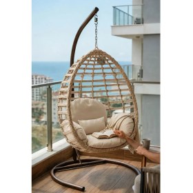 Resim Rattan Bahçe Salıncağı Tek Kişilik Minderli Balkon ve Teras Salıncağı 