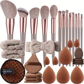 Resim Makyaj Fırça Seti Aksesuarları Kombinasyon Işık Bej için - 13/33 parça Set Yüksek Kaliteli Naylon Fırça, Başlık, Bileklik, Üçgen Puf, Parmak Puf, Büyük ve Küçük Güzellik Süngeri içerir - ABS Plastik Sap, En İyi Hediye 
