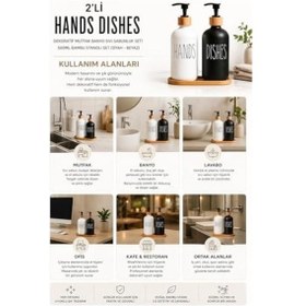 Resim 2 Li Hands Dishes Siyah Beyaz Cam Sıvı Sabunluk Seti 500 Ml, Bambu Standlı Dekoratif Mutfak & Banyo Sabunluk Dispenser Seti Şık Modern Tasarım 