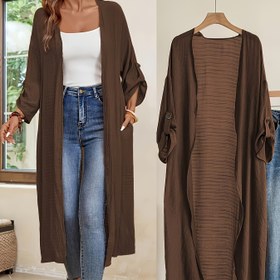 Resim Açık Ön Yaka ile Şık Kadın Uzun Günlük Ceket - Düz Renk, Polyester, Makinede Yıkanabilir - İlkbahar/Sonbahar İçin Mükemmel 