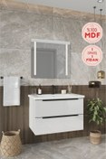 Resim BALNEOM Banyo Kadife Beyaz Parlak Hıgh Gloss %100 Mdf 80 Cm Banyo Dolabı Led Işıklı Aynalı Üst Dolap 