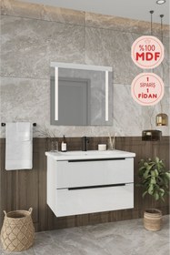 Resim BALNEOM Banyo Kadife Beyaz Parlak Hıgh Gloss %100 Mdf 80 Cm Banyo Dolabı Led Işıklı Aynalı Üst Dolap 