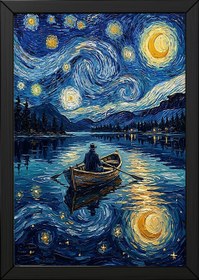 Resim Moonlit Lake Rowboat Print - Van Gogh-Style Night Fishing Cabin Wall Art - With Hanger - Wood / 24 x 36" (60x90 cm) 