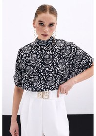 Resim Sateen Kısa Kol Desenli Bluz - Siyah-135898 Siyah 