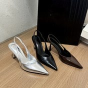 Resim Kadınların Sivri Burunlu Stiletto Sandaletleri - Şık Gümüş, Siyah ve Kahverengi Yüksek Topuklu Kaydırıcılar Bahar ve Yaz İçin, Mikrofiber Üst, Kauçuk Taban, Düşük Topuk, Şık Ayakkabı|Sleek Topuk Tasarımı|Kauçuk Tabanlı Sandaletler 