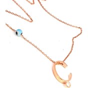 Resim Ose Shop Nazar boncuklu ve zirkon taş detaylı gümüş rose Ç harfi kolye 