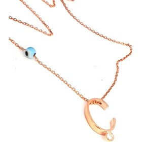 Resim Ose Shop Nazar boncuklu ve zirkon taş detaylı gümüş rose Ç harfi kolye 