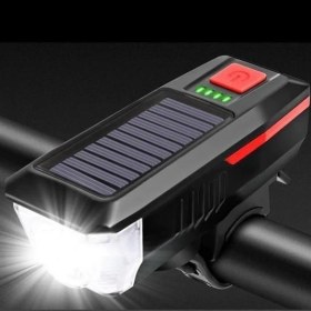 Resim Byogalo® Solar Enerjili USB ile Şarj Edilebilir Ledli Bisiklet Feneri Kornalı ve Su Geçirmez Far 