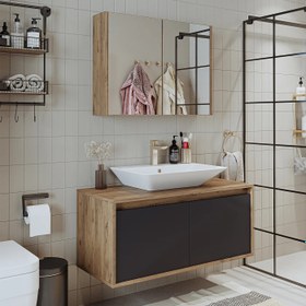 Resim Roomart Tm7.2 Lavabolu Ahşap-Antrasit Mdf 100 cm Banyo Dolabı + Aynalı Banyo Üst Dolabı BANOS1709 
