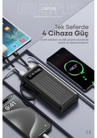 Resim Jopus 20000mah Powerbank Dahili Kablolu, Lcd Ekranlı, Led Lambalı, Taşınabilir Şarj Cihazı Siyah 