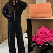 Resim Kadınların Yüksek Kaliteli Glitter Kapüşonlu & Geniş Bacaklı Pantolon Takımı - Şık Siyah Fermuarlı Sweatshirt Altın Detaylarla, Bahar/Yaz için Rahat İki Parça Kıyafet, Rahat Kıyafet|Zipup Üst|Zipli Pantolon 