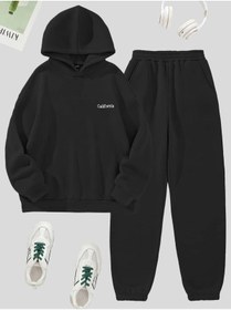 Resim CLAYES California Minimal Yazı Eşofman Takımı Sweatshirt Jogger - Siyah Baskılı Oversize Şardonlu Kapüşonl 