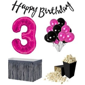 Resim 3 Yaş Pembe Balon Rakam Folyo Banner Mısır Kutusu Masa Eteği Doğ 