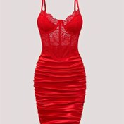Resim Sexy dantel balık kemiği birleştirme şeffaf kırışıklık kalça elbise 