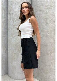 Resim Lesa Wear Yüksel Bel Bol Kesim Keten Görünümlü Çift Cepli Şort Siyah 