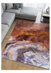 Resim Modern Desenlerde Kadife Dokulu Lastikli Kaymaz Sünger Tabanlı Halı Örtüsü Açık Kahverengi 