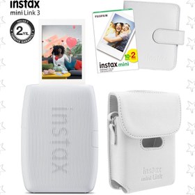 Resim Instax mini Link 3 Beyaz Akıllı Telefon Yazıcısı Beyaz Çanta Deri Albüm ve 20'li mini Film 