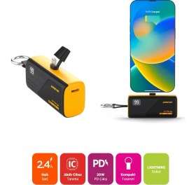 Resim Polosmart PSM131 5000 Mah Powerbank 20W Pd Hızlı Şarj Lightning Soketli Göstergeli Sarı 