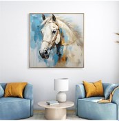 Resim Yağlı Boya Dokulu Tablo Mavi Fonda Beyaz At Altın Çerçeveli U04019-178933 