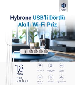 Resim Hybrone Usb Ve Type-c Girişli Akım Korumalı Dörtlü Wi-fi Akıllı Priz, 16 Amper, Enerji Izleme 