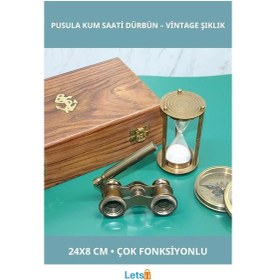 Resim Vintage Ahşap Kutulu Pirinç Pusula, Kum Saati Ve Dürbün Seti 1 Adet 
