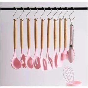 Resim 12 Parça Ahşap Sap Silikon Mutfak Pasta Silikon Kepçe Çırpıcı Fırça Kevgir Kaşıklık Maşa Spatula Set 