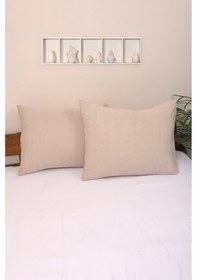 Resim %100 Bej Pamuklu 2'li Yastık Kılıfı 