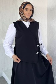 Resim Gülseli Bağlamalı Yelek Gömlek Etek Tesettür Üçlü Takım Siyah TZL-P-00021783 