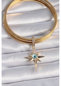 Resim Pirinç Gold Renk Zirkon Taşlı Kutup Yıldızı Nazar Boncuk Detay Ajda Charm Renkli 