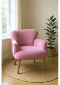 Resim Azra Mobilya Modern Şeker Pembe Teddy Kumaş Rahat Berjer Tekli Koltuk Yumuşak Dokulu, Ahşap Ayaklı Pembe 