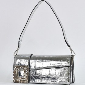 Resim Elatae Kadın Omuz Askılı Kroko Desen Rugan Abiye Çanta Gümüş 17342 Gümüş 