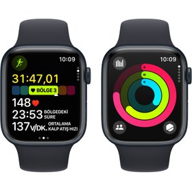 Resim Apple Watch Series 9 GPS 41mm Gece Yarısı Alüminyum Kasa ve Gece Yarısı Spor Kordon Akıllı Saat 