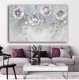 Resim Kanvas Beyaz Güllü Tablo Turkuaz Yapraklı Çiçek Yatay 