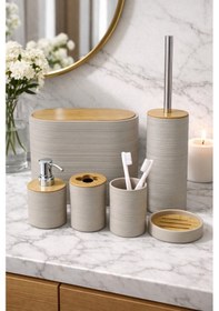 Resim Makri Home 6 Parça Toprak Banyo Seti, Bambu Detaylı, 8l Çöp Kovası 24x26x16 Cm Kahverengi 