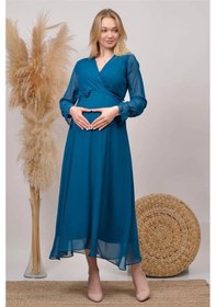 Resim Dip Moda Kadın Yeni Sezon Kruvaze Yaka Şifon Hamile Elbise Hml003 Petrol Mavisi 