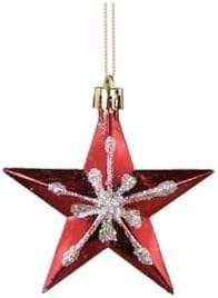 Resim Kırmızı Yıldız Noel Ağacı Süsü, 6'lı Set, Parlak Gümüş Kar Tanesi Desenli, Asılabilir Yılbaşı Dekorasyonu 6 cm 