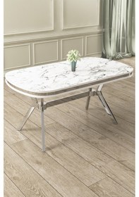 Resim Canisa Olya Serisi 90x168 Lak Panel Beyaz Mermer Desenmasa Takımı Krom Ayaklı 6 Cappucino Sandalye Masa Beyaz Mermer Cappucino Sandalye 