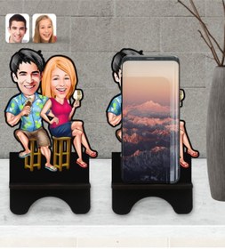 Resim Bk Gift Kişiye Özel Sevgililer Karikatürlü Ahşap Biblo Telefon Stand 