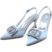 Resim Stillo 33 Kadın Saten Taşlı Tokalı Arka Açık Kadeh Ökçe Stiletto Gümüş Siyah 