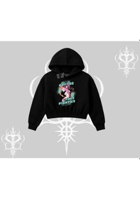 Resim Kapşonlu Crop Sweatshirt Oversize Anime Kız Desenli Japon Stil Siyah 