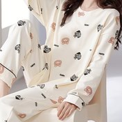 Resim Bahar ve Sonbahar Ayı Harf Karikatür Desenli Pijama Takımı, Kadınlar için Rahat ve Konforlu Ev Giyimi 