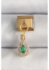 Resim 316l Çelik Gold Renk Sallantı Damla Yeşil Zirkon Taşlı Nomination Charm 