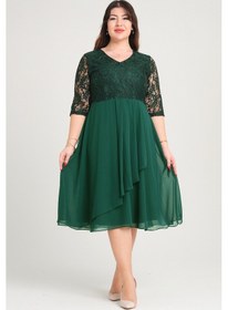 Resim Kadın Büyük Beden Zümrüt Yeşili Önü Verev Şifon Pileli Midi Boy Truvakar Kol Elbise Yeşil 