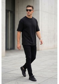 Resim Erkek Siyah Oversize Tişört Bisiklet Yaka Basic Rahat Kalıp Günlük T-shirt 