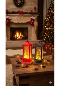 Resim Dekoratif Nostaljik Fenerler Kış Masalını Odanıza Taşıyın Kırmızı Bambi & Çam Ağacı Antik Fener 14cm 2 