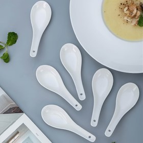 Resim 6 adet Zarif Beyaz Seramik Çorba Kaşığı - Pho, Miso, Wonton, Ramen, Mantı, Macaron için İdeal - Bulaşık Makinesinde Güvenli, Uzun Saplı Tasarım, Asya Mutfağı, Ramen Kaşığı için Mükemmel 