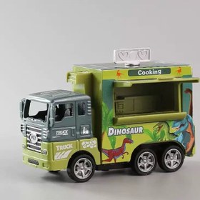 Resim Sevimli Mini Dinozor Taşıma Kamyonu, Açıkılabilir Hayvan Barınağı Römorklu Dinozor Temalı Hızlı Yemek Arabası, Erkek Çocuk Oyuncakları İçin Uygun Ters Çevrilebilir Simülasyon Oyuncak Modeli 