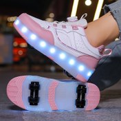 Resim Çocuklar için LED tekerlekli patenler, çıkarılabilir spor ayakkabıları, kumaş iç astarlı hafif dört mevsim paten ayakkabıları, TPR taban, aşınmaya dayanıklı, günlük ve spor stili, alçak üst, 14 yaş ve altı erkek ve kız çocukları için, açık hava yürüyüşü ve günlük kullanım, düz renk ve ekose desen, lityum polimer pil ile çalışır, ≤36V 