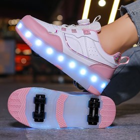 Resim Çocuklar için LED tekerlekli patenler, çıkarılabilir spor ayakkabıları, kumaş iç astarlı hafif dört mevsim paten ayakkabıları, TPR taban, aşınmaya dayanıklı, günlük ve spor stili, alçak üst, 14 yaş ve altı erkek ve kız çocukları için, açık hava yürüyüşü ve günlük kullanım, düz renk ve ekose desen, lityum polimer pil ile çalışır, ≤36V 