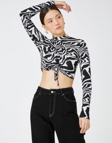 Resim Zebra Desenli Büzgülü Uzun Kollu Crop Tişört 